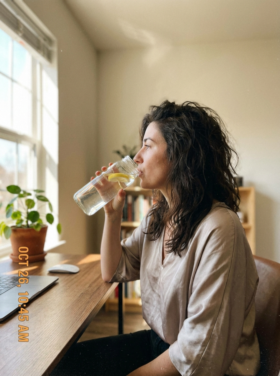 Woman taking a quiet hydration break at home